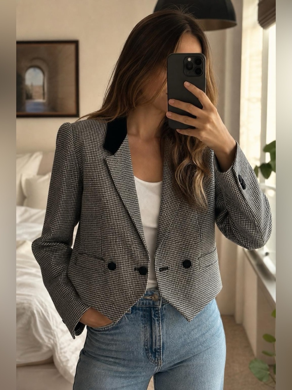 Saggon Houndstooth Tuxedo Blazer Black White Cropped Tailored Jacket